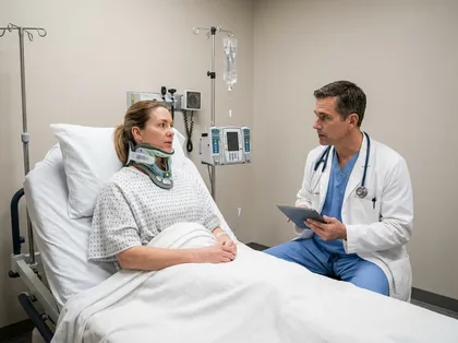 Médico consultando con una paciente lesionada que lleva un collarín en la cama del hospital durante una evaluación médica