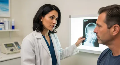 Médico que revisa una radiografía de un traumatismo craneal junto al paciente tras un accidente entre un ciclista y un peatón