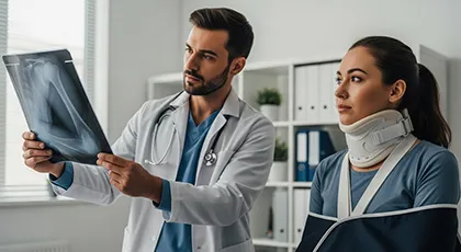 Médico revisando radiografía con víctima de accidente con collarín y brazo en cabestrillo