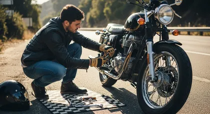 Motociclista realizando un control de seguridad en carretera antes de circular