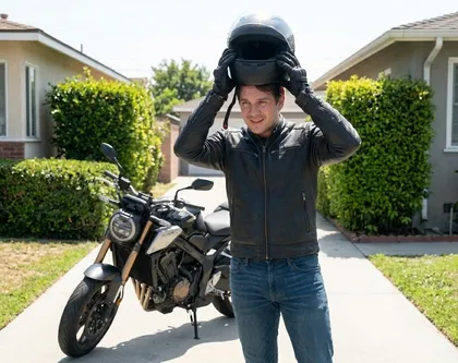 Motorcycle rider preparing for travel with safety helmet and protective gear,