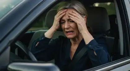 Mujer angustiada en un coche, agarrándose la cabeza y mostrando signos evidentes de trauma emocional o ansiedad tras un accidente de tráfico