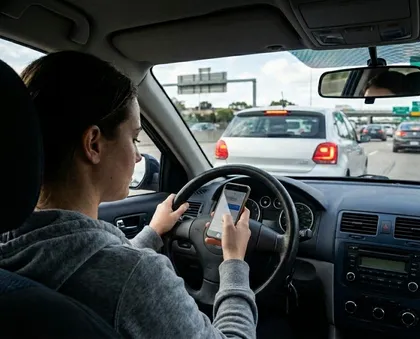 Mujer enviando mensajes de texto mientras conduce por una autopista muy transitada de Fresno, lo que ilustra los peligros de la conducción distraída