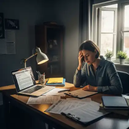 Mujer frustrada revisando la documentación de una reclamación de seguro denegada