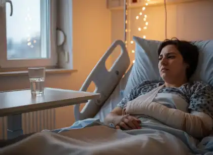 Mujer herida descansando en una cama de hospital tras un accidente ocurrido en Halloween