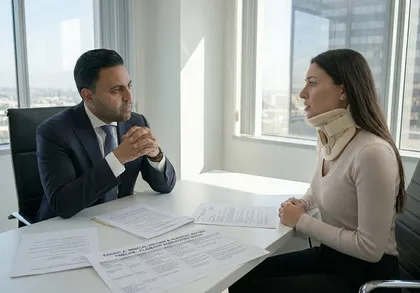 Mujer lesionada con collarín que habla con un abogado especializado en lesiones personales sobre una reclamación por lesiones agravadas