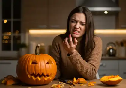 Mujer que se corta el dedo mientras talla una calabaza de Halloween
