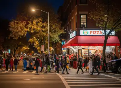 Multitud de niños que van a pedir caramelos cruzando una calle muy transitada por la noche cerca de una pizzería