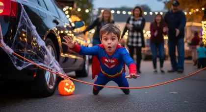 Niño con un disfraz de superhéroe que tropieza con un cable cerca de unos coches aparcados en un evento de Trunk or Treat