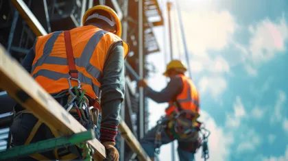 Obreros de la construcción que utilizan arneses de seguridad y EPI mientras trabajan en altura en una obra