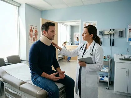 Paciente con un collarín blando en una consulta mientras el médico le explica los síntomas de una lesión cervical tras un accidente