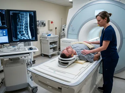 Patient undergoing lumbar MRI for back injury diagnosis