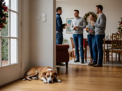 Perro tumbado cerca de la puerta durante la celebración familiar de Navidad