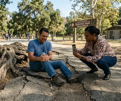 Person experiencing knee injury on uneven pavement with large tree roots, woman taking photo