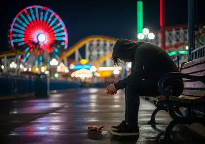 Persona sentada sola en un banco por la noche cerca de una atracción de un parque de atracciones, con aspecto angustiado