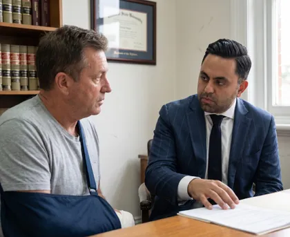 Personal injury attorney discussing case details with client recovering from arm injury
