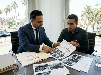 Personal injury lawyer reviewing accident reconstruction photos and data charts with client during legal consultation