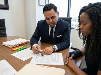 Personal injury lawyer reviewing legal documents with client wearing wrist brace during case consultation in office