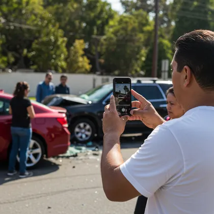 Personas que documentan el lugar de un accidente por alcance con fines aseguradores y legales