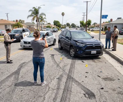 Police investigating a two-vehicle car accident at a residential intersection as a witness photographs the crash scene