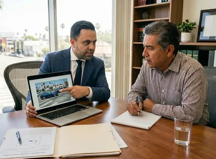 Reunión de un cliente con un abogado para discutir la culpa en una colisión por giro a la izquierda utilizando una imagen de accidente