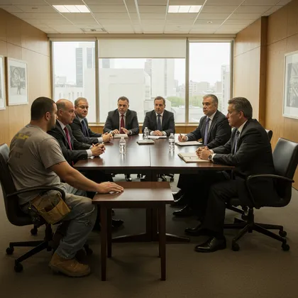 Reunión de un trabajador de la construcción con un equipo de abogados para analizar la responsabilidad tras un accidente laboral