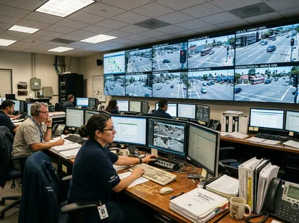 Sala de control de las cámaras de semáforo en rojo que supervisa las imágenes de los accidentes de tráfico