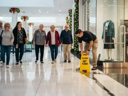Señal de peligro y advertencia por suelo mojado en un centro comercial que demuestra negligencia en un caso de lesiones personales por resbalón y caída