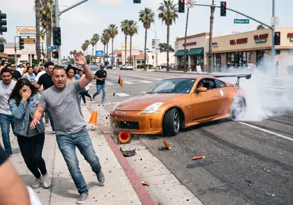 Street takeover car stunt endangering bystanders