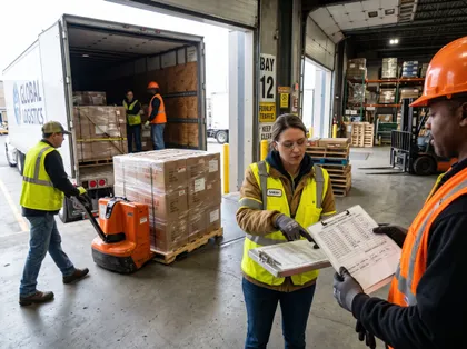 Team of warehouse staff checking cargo and inventory during truck delivery