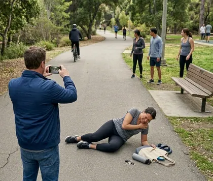 Teen e-bike accident in park, woman injured on ground as man takes photo of the scene