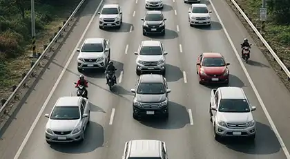 Tráfico intenso en una autopista de varios carriles con coches y motocicletas, en la que se hace hincapié en la concienciación sobre el uso compartido de la vía pública.