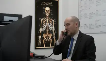 Un abogado especializado en lesiones personales que analiza un caso por teléfono en su despacho