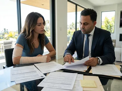 Un abogado especializado en lesiones personales revisa documentos legales con un cliente lesionado durante una consulta