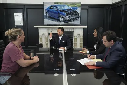Un abogado y su equipo jurídico revisan documentos relacionados con un caso de accidente de tráfico junto a un cliente en una sala de reuniones
