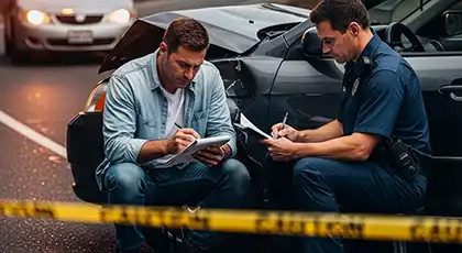 Un agente de policía y un hombre tomando notas junto a un coche siniestrado en el lugar de un accidente, con una cinta de señalización en primer plano