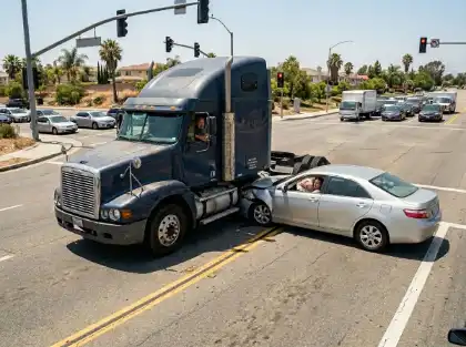 Un camión de carga choca contra un turismo plateado en un cruce