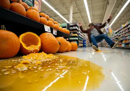 Un cliente resbala sobre restos de calabaza derramados en el pasillo de un supermercado, lo que ilustra el riesgo de resbalones y caídas