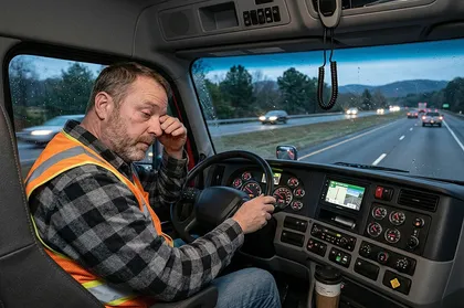 Un conductor de camión cansado que comprueba los registros de horas de servicio antes de un accidente