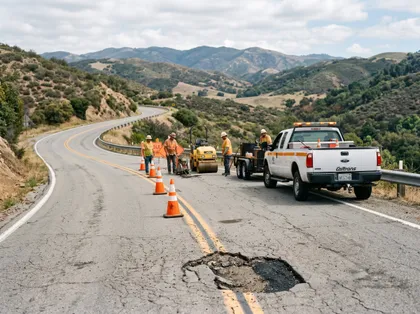 Un equipo de mantenimiento de carreteras repara un tramo defectuoso tras un daño peligroso en la calzada