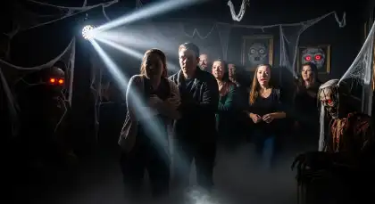 Un grupo de personas se sobresalta dentro de una casa encantada, lo que ilustra los posibles riesgos para la seguridad que pueden suponer los elementos decorativos y los efectos de iluminación