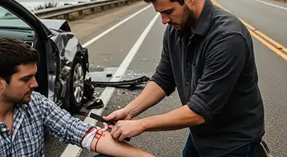 Un hombre colocando un torniquete en el brazo sangrante de una persona herida