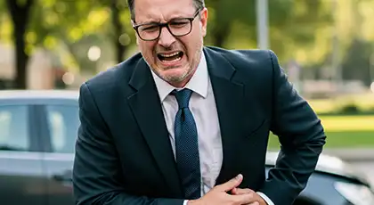 Un hombre con traje que se agarra el costado con cara de dolor