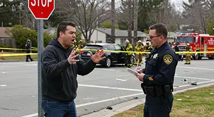 Un hombre hablando con emoción a un agente de policía cerca del lugar de un accidente de tráfico