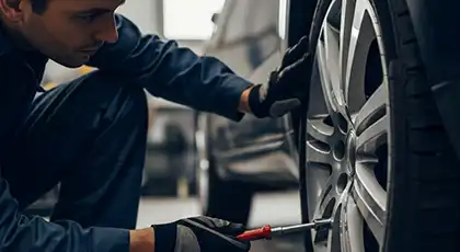 Un mecánico revisa un neumático de coche con una herramienta, haciendo hincapié en las revisiones de seguridad del vehículo