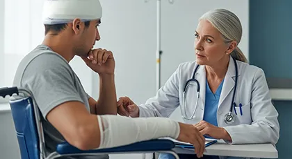 Un médico examina a un paciente lesionado tras un incidente de seguridad relacionado con la empresa