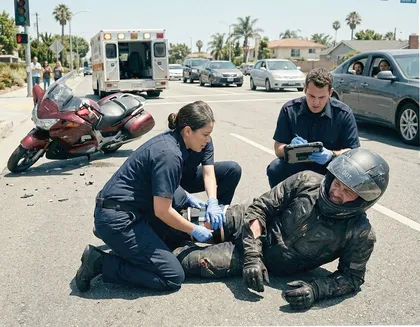 Un motociclista recibe asistencia en la carretera por lesiones sufridas en un accidente ocurrido hace tiempo