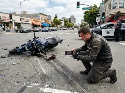 Un motorista herido con cortes en la cara graba la escena del accidente mientras un agente de policía investiga una colisión de tráfico urbano en Oakland