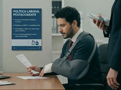 Un oficinista lesionado, con el brazo en cabestrillo, revisando documentos junto a un cartel sobre la política laboral tras un accidente
