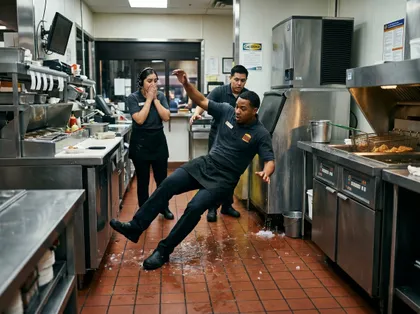 Un trabajador de la cocina de un restaurante de comida rápida resbala en el suelo mojado, lo que pone de relieve el riesgo de resbalones y caídas en el lugar de trabajo